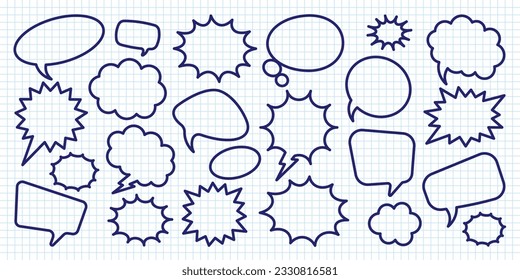 Hand drawn comic speech bubbles on checkered paper sheet. School notebook for drawing. Simple retro cartoon stickers. Chatting, message box. Vector illustration