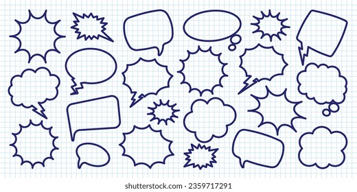 Hand drawn comic speech bubbles on checkered paper sheet. School notebook for drawing. Simple retro cartoon stickers. Chatting, message box. Vector illustration