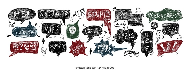 Hand drawn comic speech bubbles with swear words, insults, curses, expletives in crayon grunge retro doodle style. Chalk pencil swearwords for rude, negative bad mood. Angry clouds, dialogue balloons.