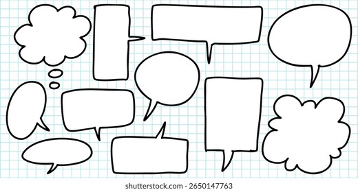 Hand Drawn Comic Speech Bubbles on Graph Paper Background.