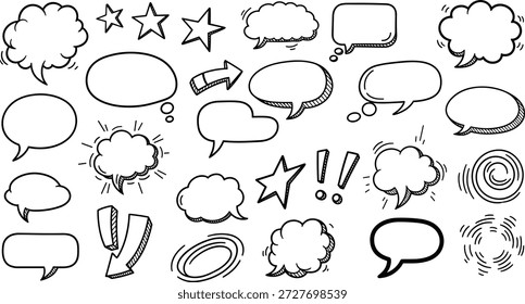 Bolhas de fala desenhadas à mão, nuvens de fala de esboço preto e branco, balões de diálogo e ícones de estrelas, elementos de comunicação para design gráfico, ilustração vetorial