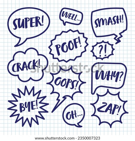 Hand drawn comic speech bubbles on checkered paper sheet. School notebook for drawing. Simple retro cartoon stickers. Chatting, message box. Vector illustration