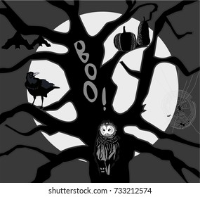 hand drawn comic style black white  vector poster for Halloween, with owl, spider and net, pumpkins, crow, bat, tree and moon. with text boo! very good for Halloween party invitation card, and etc.