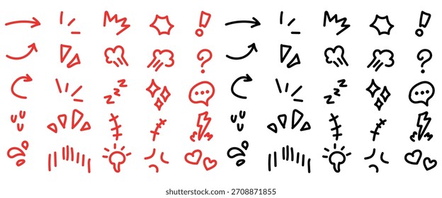 Hand Drawn Comic Style Icons Set in Red and Black. Expressing Different Emotions and Ideas for Design Purposes