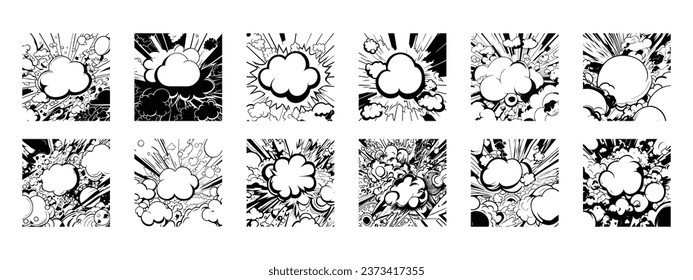 Hand drawn comics manga, Explosion, isolated retro style comic book background. Abstract comic background Set of comic speech bubbles and elements, Comic background with clouds and rays, coloring page