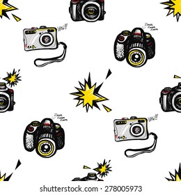 Hand drawn comics sketched body, camera, flash. Set of modern photo items seamless pattern. Colored pop art sketch on white background
