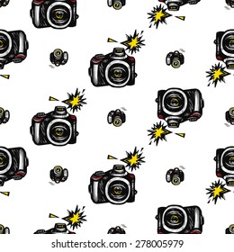 Hand drawn comics sketched body and camera. Set of modern photo items seamless pattern. Colored pop art sketch on white background
