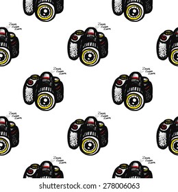 Hand drawn comics sketched body. Set of modern photo items seamless pattern. Colored pop art sketch on white background
