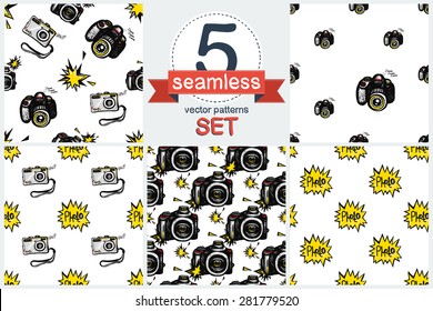 Hand drawn comics sketched body, modern photo camera, flash. Set of 5 vector seamless pattern. Chess grid order pattern.