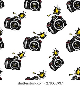 Hand drawn comics sketched camera. Set of modern photo items seamless pattern. Colored pop art sketch on white background
