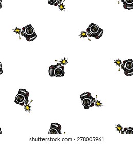 Hand drawn comics sketched camera. Set of modern photo items seamless pattern. Colored pop art sketch on white background
