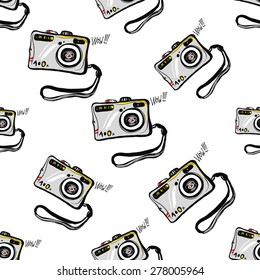 Hand drawn comics sketched camera. Set of modern photo items seamless pattern. Colored pop art sketch on white background
