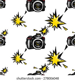 Hand drawn comics sketched camera and flash. Set of modern photo items seamless pattern. Colored pop art sketch on white background
