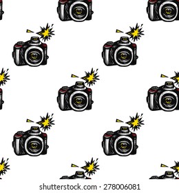 Hand drawn comics sketched camera. Set of modern photo items seamless pattern. Colored pop art sketch on white background
