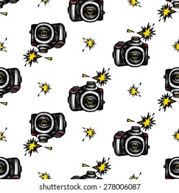 Hand drawn comics sketched camera and flash. Set of modern photo items seamless pattern. Colored pop art sketch on white background
