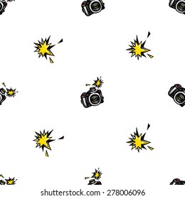 Hand Drawn Comics Sketched Camera And Flash. Set Of Modern Photo Items Seamless Pattern. Colored Pop Art Sketch On White Background
