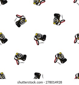 Hand drawn comics sketched digital. Set of modern photo items seamless pattern. Colored pop art sketch on white background
