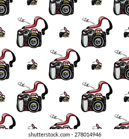 Hand drawn comics sketched digital and SLR. Set of modern photo items seamless pattern. Colored pop art sketch on white background
