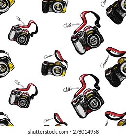 Hand drawn comics sketched digital and SLR. Set of modern photo items seamless pattern. Colored pop art sketch on white background
