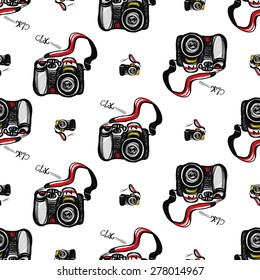 Hand drawn comics sketched digital and SLR. Set of modern photo items seamless pattern. Colored pop art sketch on white background
