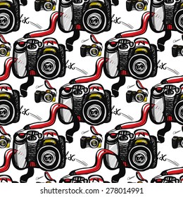 Hand drawn comics sketched digital and SLR. Set of modern photo items seamless pattern. Colored pop art sketch on white background
