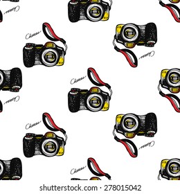 Hand drawn comics sketched digital. Set of modern photo items seamless pattern. Colored pop art sketch on white background
