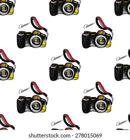 Hand drawn comics sketched digital. Set of modern photo items seamless pattern. Colored pop art sketch on white background
