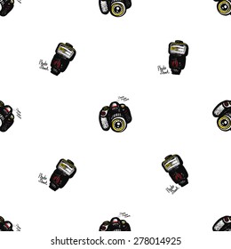 Hand drawn comics sketched flash and body. Set of modern photo items seamless pattern. Colored pop art sketch on white background
