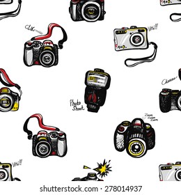 Hand drawn comics sketched flash, body, camera, digital, SLR. Set of modern photo items seamless pattern. Colored pop art sketch on white background
