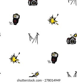 Hand drawn comics sketched flash, camera, tripod. Set of modern photo items seamless pattern. Colored pop art sketch on white background
