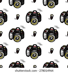 Hand drawn comics sketched flash and body. Set of modern photo items seamless pattern. Colored pop art sketch on white background
