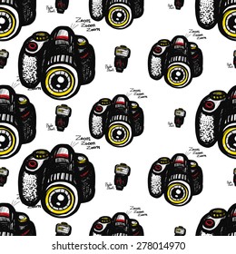 Hand drawn comics sketched flash and body. Set of modern photo items seamless pattern. Colored pop art sketch on white background
