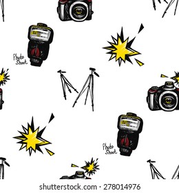 Hand Drawn Comics Sketched Flash, Camera, Tripod. Set Of Modern Photo Items Seamless Pattern. Colored Pop Art Sketch On White Background
