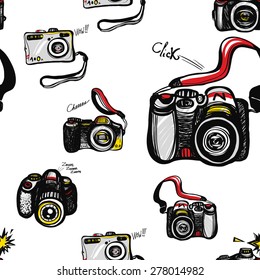 Hand drawn comics sketched flash, body, camera, digital, SLR. Set of modern photo items seamless pattern. Colored pop art sketch on white background
