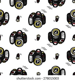 Hand drawn comics sketched flash and body. Set of modern photo items seamless pattern. Colored pop art sketch on white background
