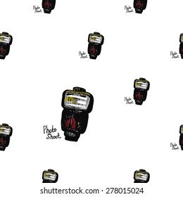 Hand drawn comics sketched flash. Set of modern photo items seamless pattern. Colored pop art sketch on white background
