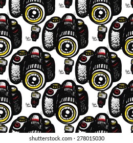 Hand drawn comics sketched flash and body. Set of modern photo items seamless pattern. Colored pop art sketch on white background
