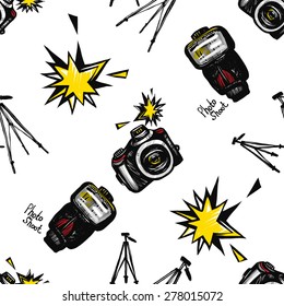 Hand drawn comics sketched flash, camera, tripod. Set of modern photo items seamless pattern. Colored pop art sketch on white background
