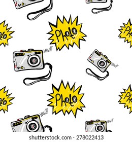 Hand drawn comics sketched flash and camera. Set of modern photo items seamless pattern. Colored pop art sketch on white background
