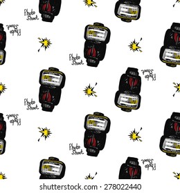 Hand drawn comics sketched flash. Set of modern photo items seamless pattern. Colored pop art sketch on white background
