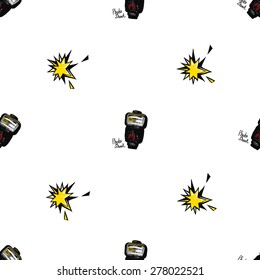 Hand drawn comics sketched flash. Set of modern photo items seamless pattern. Colored pop art sketch on white background
