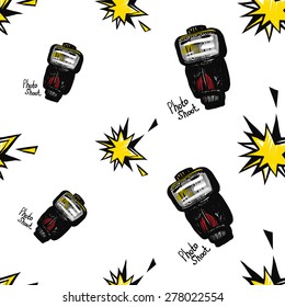 Hand drawn comics sketched flash. Set of modern photo items seamless pattern. Colored pop art sketch on white background

