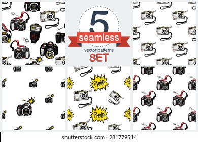 Hand drawn comics sketched flash, body, camera, digital, SLR. Set of 5 vector seamless pattern. Chess grid order pattern.
