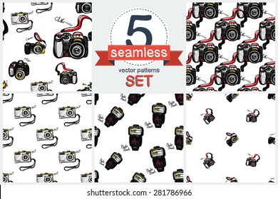 Hand drawn comics sketched flash, body, modern photo camera, digital, SLR. Set of 5 vector seamless pattern. Chess grid order pattern.