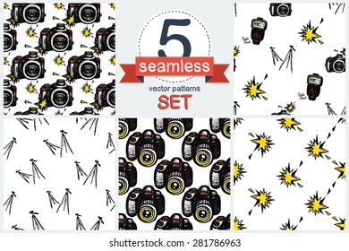 Hand drawn comics sketched modern body photo camera and flash. Set of 5 vector seamless pattern. Chess grid order pattern.