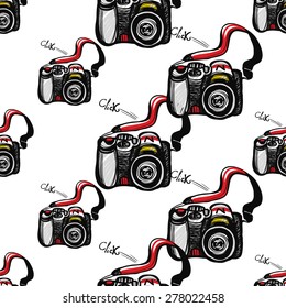 Hand drawn comics sketched SLR. Set of modern photo items seamless pattern. Colored pop art sketch on white background
