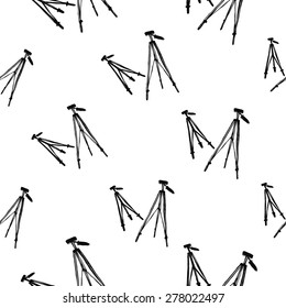 Hand drawn comics sketched tripod. Set of modern photo items seamless pattern. Colored pop art sketch on white background
