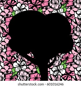 Hand drawn comics style contour pink flowers of sakura background. Bright colors. Vector  illustration.
