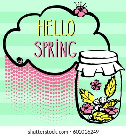 Hand drawn comics style contour flowers of sakura, jar, halftone. bright colors. Vector  illustration.