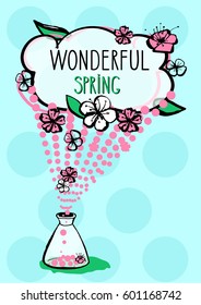 Hand drawn comics style contour flowers of sakura, jar, halftone. bright colors. Vector  illustration.